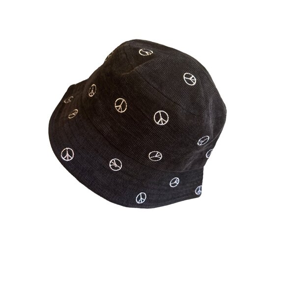 Black Corduroy Peace Sign Bucket Hat Cap One Size - Picture 1 of 6